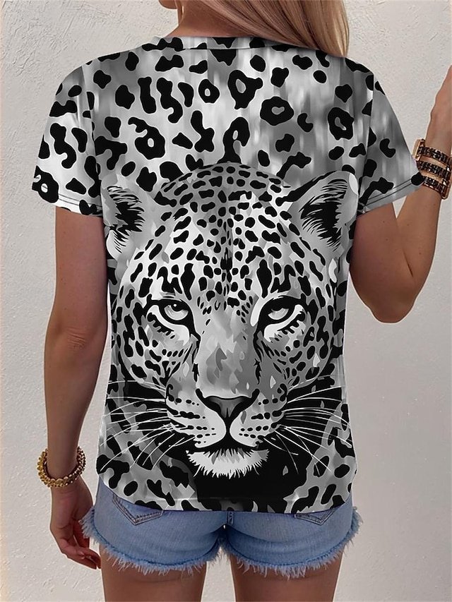 Fashion Regular Leopard Crew Neck Short Sleeve Top - Image 2
