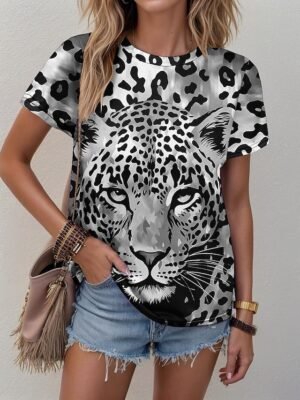 Fashion Regular Leopard Crew Neck Short Sleeve Top - Image 3