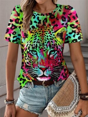 Fashion Regular Leopard Crew Neck Short Sleeve Top - Image 5