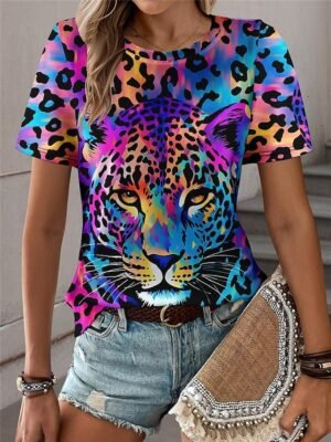 Fashion Regular Leopard Crew Neck Short Sleeve Top - Image 7
