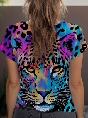 Fashion Regular Leopard Crew Neck Short Sleeve Top - Image 8