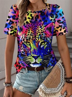 Fashion Regular Leopard Crew Neck Short Sleeve Top - Image 9