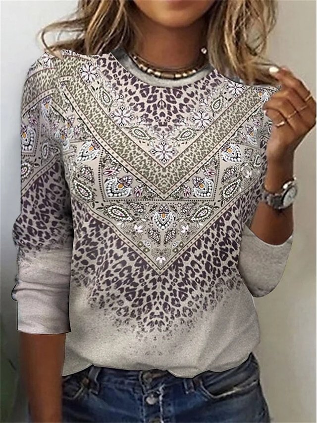 Fashion Regular Leopard Paisley Round Neck Long Sleeve Top - Image 1