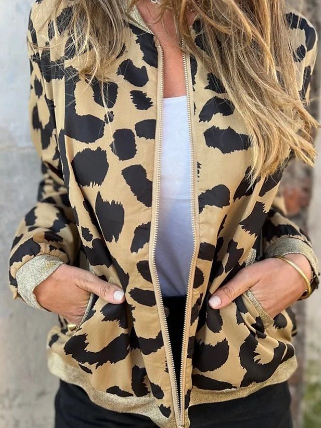 Fashion Regular Leopard Stand Collar Long Sleeve Jacket - Image 1