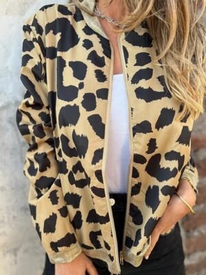 Fashion Regular Leopard Stand Collar Long Sleeve Jacket - Image 3