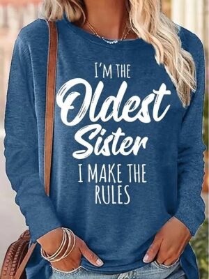 Fashion Regular Letter Round Neck Long Sleeve T-Shirt - Image 3