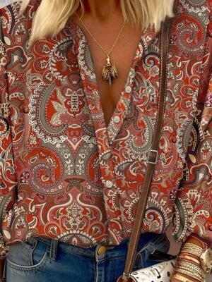 Fashion Regular Paisley Shirt Collar Long Sleeve Blouse - Image 5