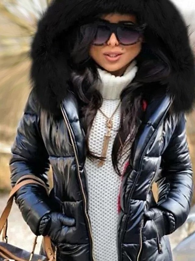 Fashion Regular Patchwork Long Sleeve Black Puffer Jacket - Image 2