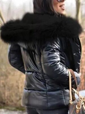 Fashion Regular Patchwork Long Sleeve Black Puffer Jacket - Image 3