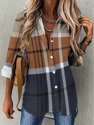Fashion Regular Plaid Shirt Collar Long Sleeve Blouse - Image 1