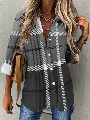Fashion Regular Plaid Shirt Collar Long Sleeve Blouse - Image 10