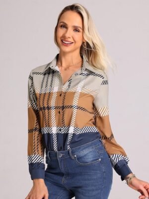Fashion Regular Plaid Shirt Collar Long Sleeve Blouse - Image 2