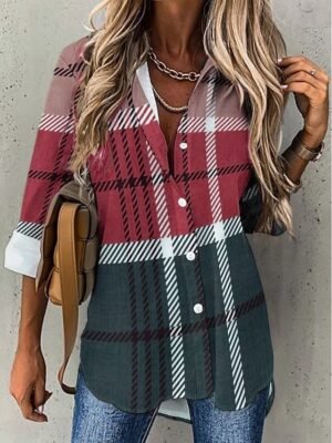 Fashion Regular Plaid Shirt Collar Long Sleeve Blouse - Image 3
