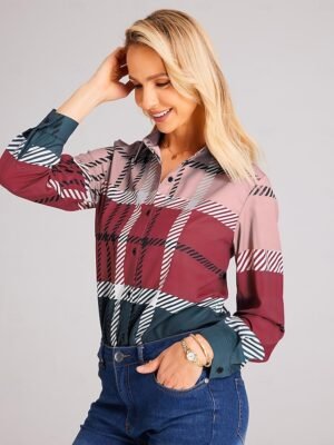 Fashion Regular Plaid Shirt Collar Long Sleeve Blouse - Image 4
