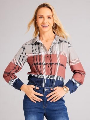 Fashion Regular Plaid Shirt Collar Long Sleeve Blouse - Image 7