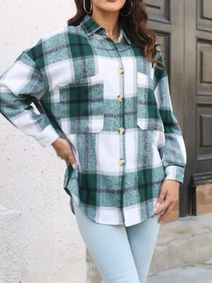 Fashion Regular Plaid Turndown Long Sleeve Shacket - Image 8