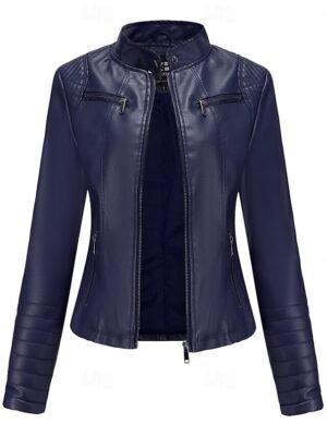 Fashion Regular Plain Stand Collar Long Sleeve Faux Leather Jacket - Image 17