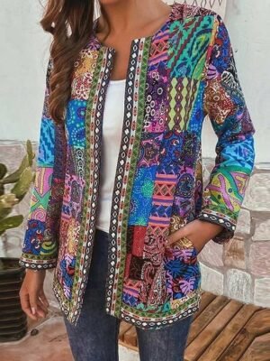 Fashion Regular Print Solid Colour Adjustable Long Sleeve Jacket - Image 1