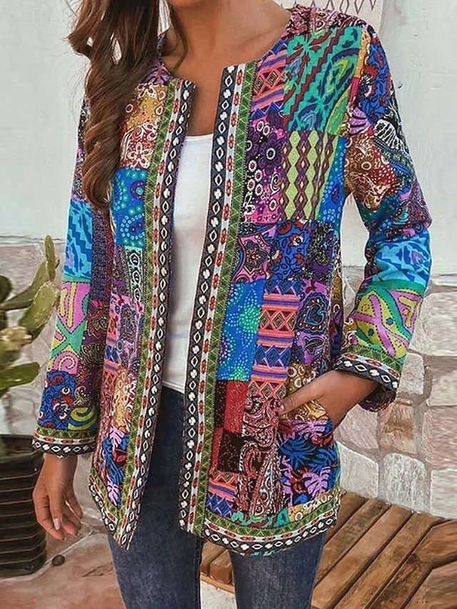 Fashion Regular Print Solid Colour Adjustable Long Sleeve Jacket - Image 1
