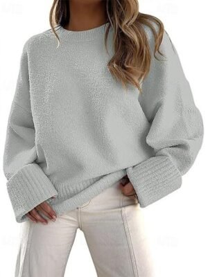 Fashion Regular Solid Crew Neck Long Sleeve Pullover Top - Image 1