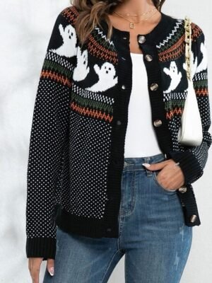 Fashion Regular Solid Crew Neck Long Sleeve Sweater Cardigan - Image 1