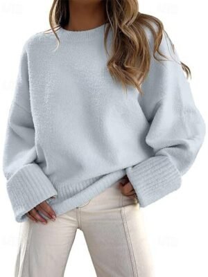 Fashion Regular Solid Crew Neck Long Sleeve Pullover Top - Image 15