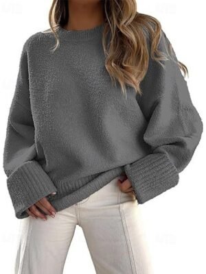 Fashion Regular Solid Crew Neck Long Sleeve Pullover Top - Image 16