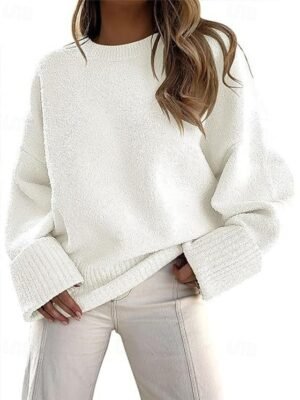 Fashion Regular Solid Crew Neck Long Sleeve Pullover Top - Image 2