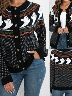 Fashion Regular Solid Crew Neck Long Sleeve Sweater Cardigan - Image 2