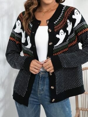 Fashion Regular Solid Crew Neck Long Sleeve Sweater Cardigan - Image 3