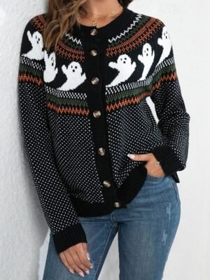 Fashion Regular Solid Crew Neck Long Sleeve Sweater Cardigan - Image 5