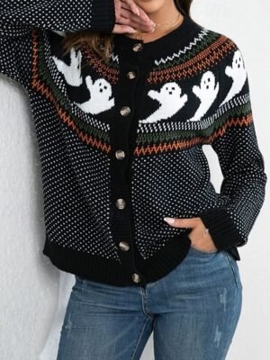 Fashion Regular Solid Crew Neck Long Sleeve Sweater Cardigan - Image 6
