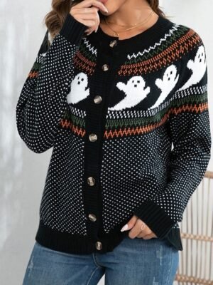 Fashion Regular Solid Crew Neck Long Sleeve Sweater Cardigan - Image 7