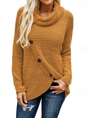 Fashion Regular Solid Crochet Cowl Long Sleeve Sweater - Image 1