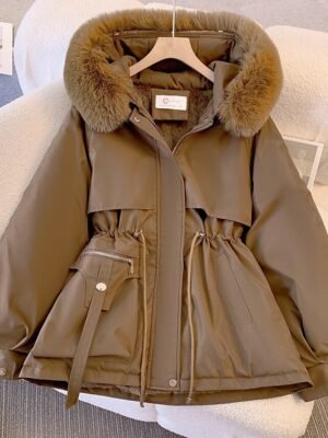 Fashion Regular Solid Fur Collar Hoodie Winter Puffer Jacket - Image 1