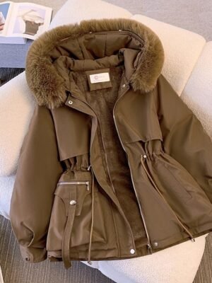 Fashion Regular Solid Fur Collar Hoodie Winter Puffer Jacket - Image 2