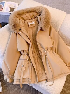 Fashion Regular Solid Fur Collar Hoodie Winter Puffer Jacket - Image 6