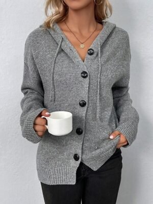 Fashion Regular Solid Hooded Long Sleeve Cardigan - Image 3
