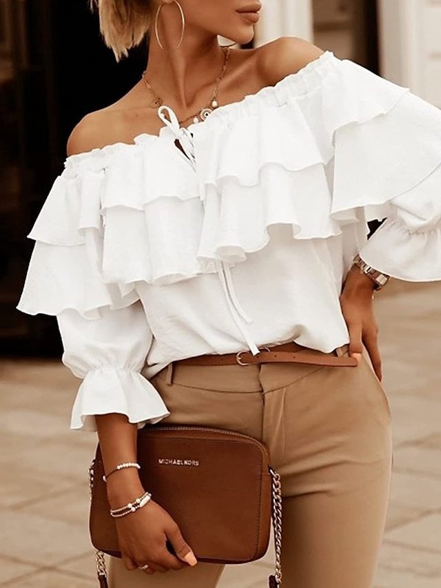 Fashion Regular Solid Lace-Up Off Shoulder Blouse - Image 1