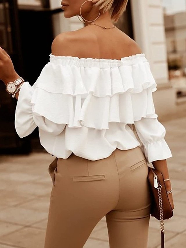 Fashion Regular Solid Lace-Up Off Shoulder Blouse - Image 2