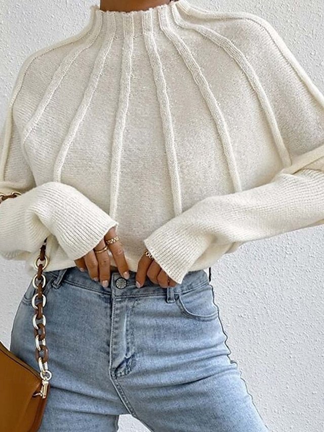 Fashion Regular Solid Mock Neck Batwing Long Sleeve Sweater - Image 1
