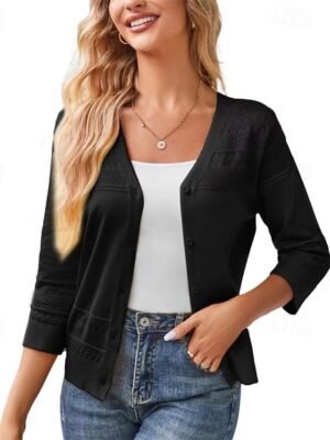 Fashion Regular Solid Open Front 3/4 Sleeve Cardigan - Image 2