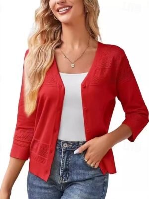 Fashion Regular Solid Open Front 3/4 Sleeve Cardigan - Image 3