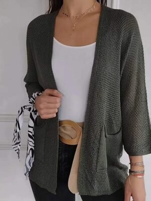 Fashion Regular Solid Open Front 3/4 Sleeve Sweater Cardigan - Image 4