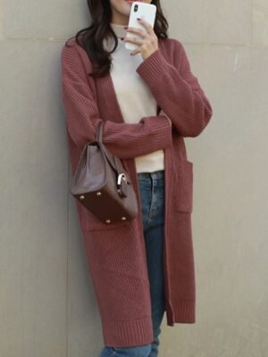 Fashion Regular Solid Open Front Long Sleeve Long Cardigan - Image 1