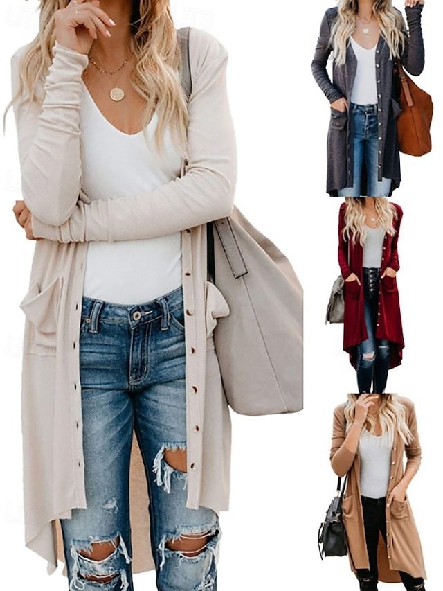 Fashion Regular Solid Open Front Long Sleeve Long Cardigan - Image 1
