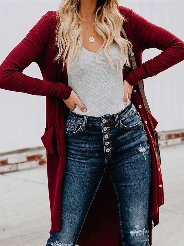 Fashion Regular Solid Open Front Long Sleeve Long Cardigan - Image 2