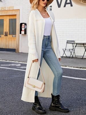 Fashion Regular Solid Open Front Long Sleeve Long Cardigan - Image 3