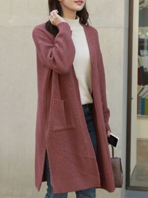 Fashion Regular Solid Open Front Long Sleeve Long Cardigan - Image 3