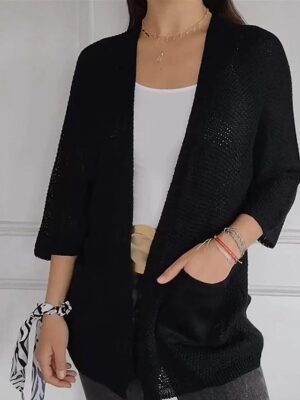 Fashion Regular Solid Ribbed Open Front 3/4 Sleeve Cardigan - Image 2